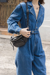 Wei Shang 2022 early autumn new straight waist work jumpsuit suit collar false two-piece suit denim jumpsuit
